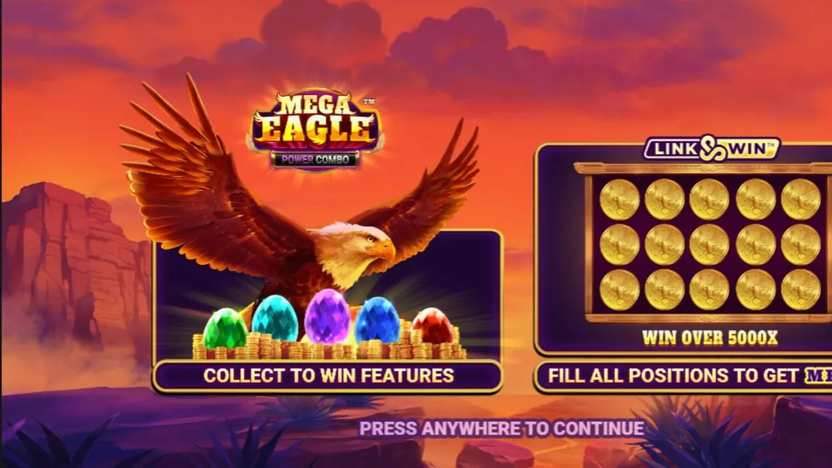 Pemandangan pegunungan dan simbol elang dalam Mega Eagle Power Combo